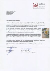Dankesbrief wfaa an Flexo Handlauf Köln